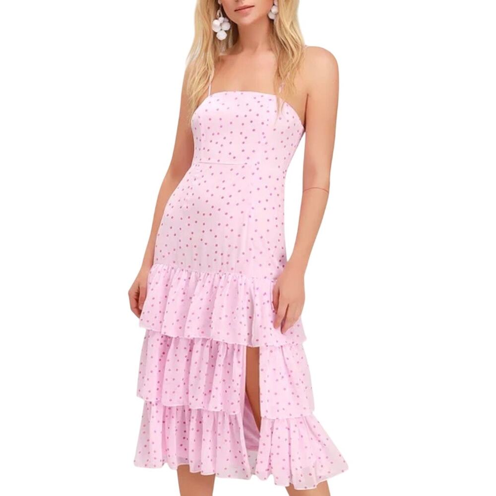 Lulu's Womens Medium Pink Polka Dot Ruffled Midi Nellie Dress